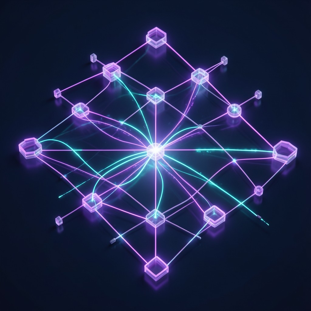 Abstract digital blockchain network visualization with glowing purple and cyan nodes representing the Dime educational knowledge hub